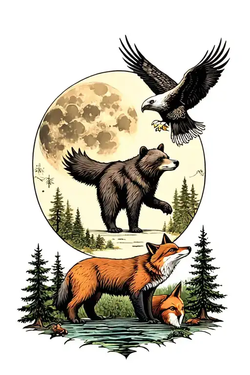 a scene have a bear and fox and eagle and moon and trees tattoo design idea