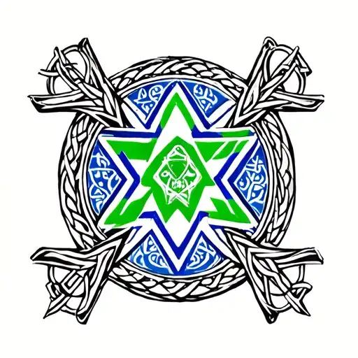 put a Celtic cross in green in the middle and replace the ring around the cross with a blue and white star of david tattoo design idea