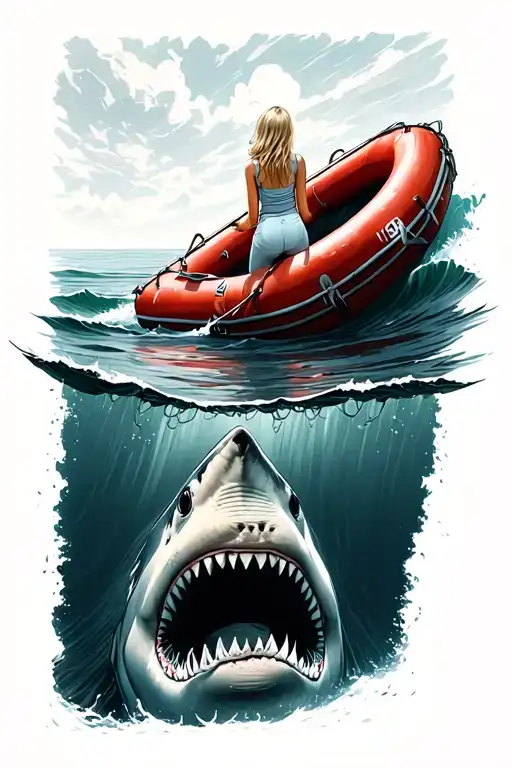 birds eye view of blonde Girl looking over a red life raft into the ocean at a hammer head shark swimming below tattoo design idea