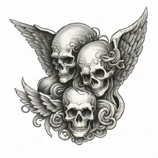 two dead angels with half skull faces peeking tattoo design idea