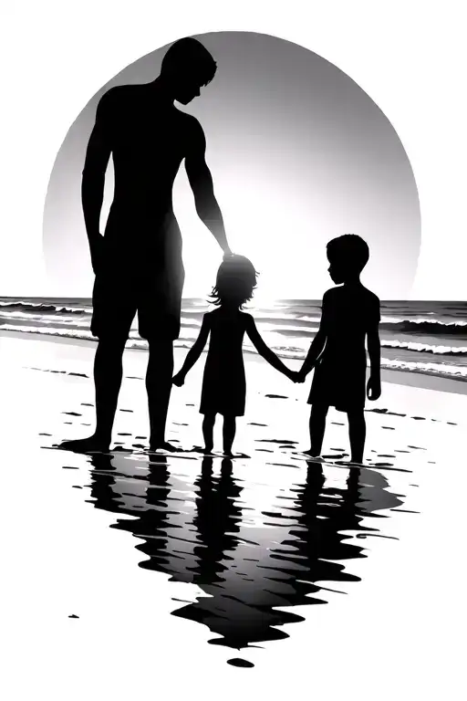 sunset beach scheme black sillhouete.  Very tall man, tall girl and small boy holding hands.  tattoo design idea