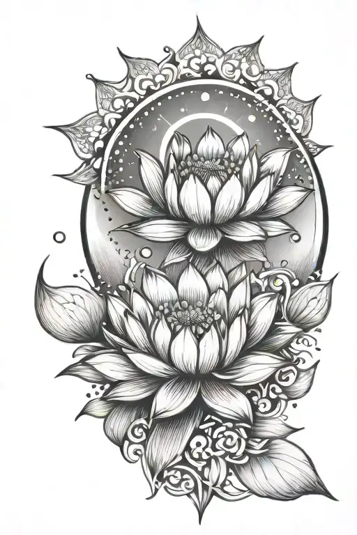 Lotus flower, sun, moon, starts, fine line tattoo tattoo design idea