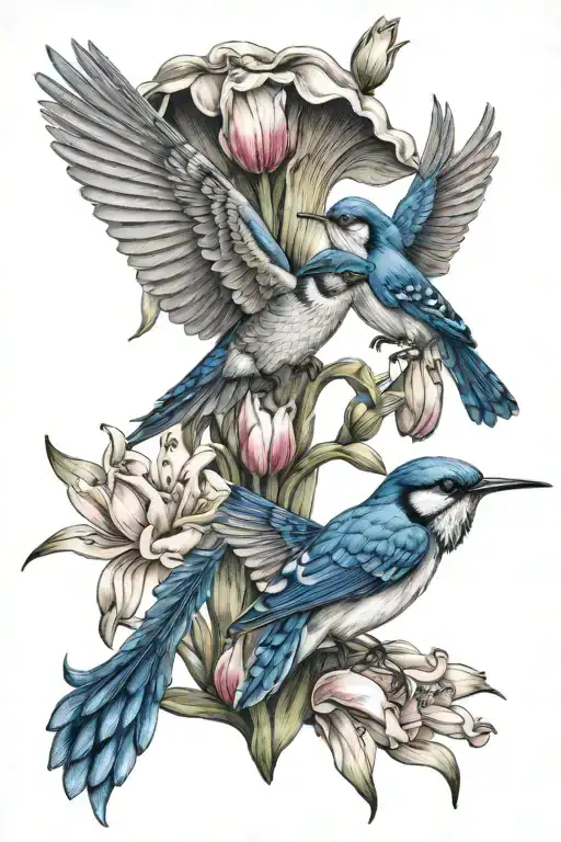 humming bird with a blue jay with lilly flower and tulips   tattoo design idea