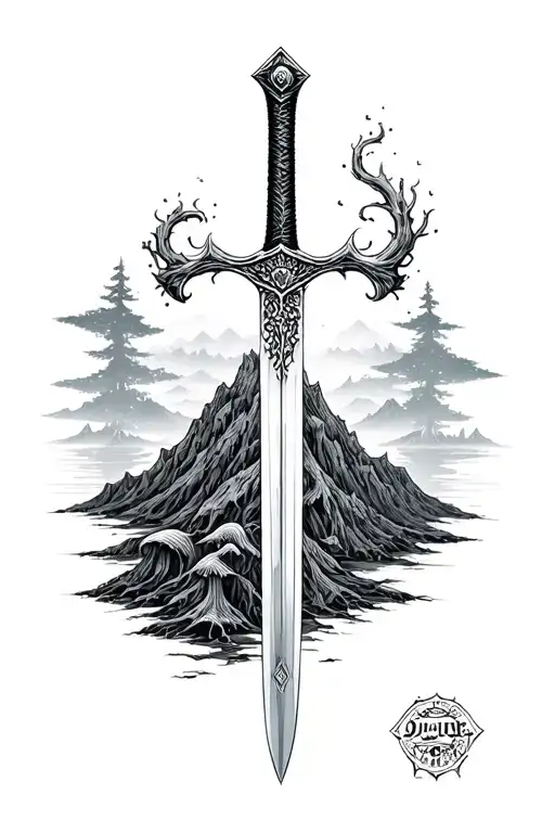 sword covered with fungus mountain background tattoo design idea