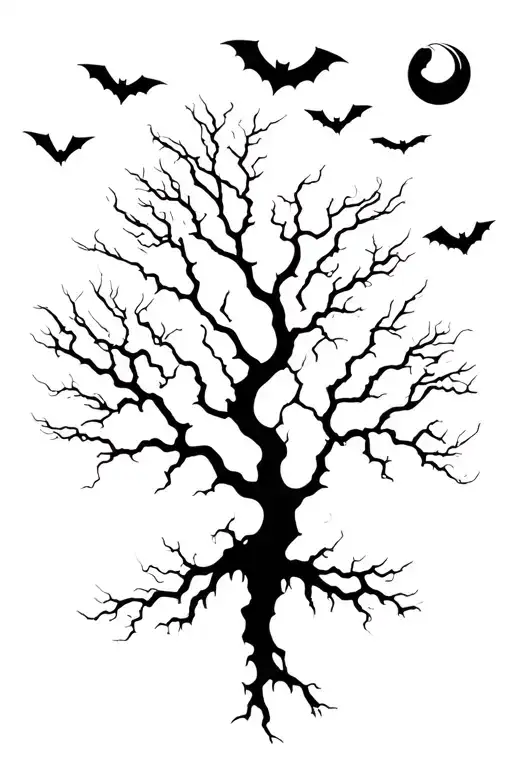 poison tree with bats flying across and a moon rising tattoo design idea