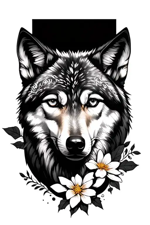 December flower and wolf face tattoo design idea