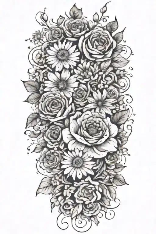 An intricate tattoo of a boquet of roses, daisys, and cosmos flowers tattoo design idea