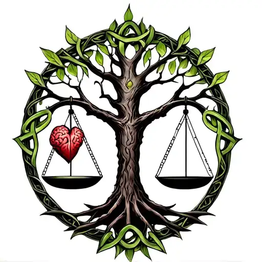 a celtic tree of life with a set of scales in front of and seperate with a heart on one scale and a brain on the other  tattoo design idea
