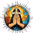 the world inside  Jesus praying hands  with cross holding names written Izec , Javen, Jeremiah , Eli, Kalaya, Malik  tattoo design idea