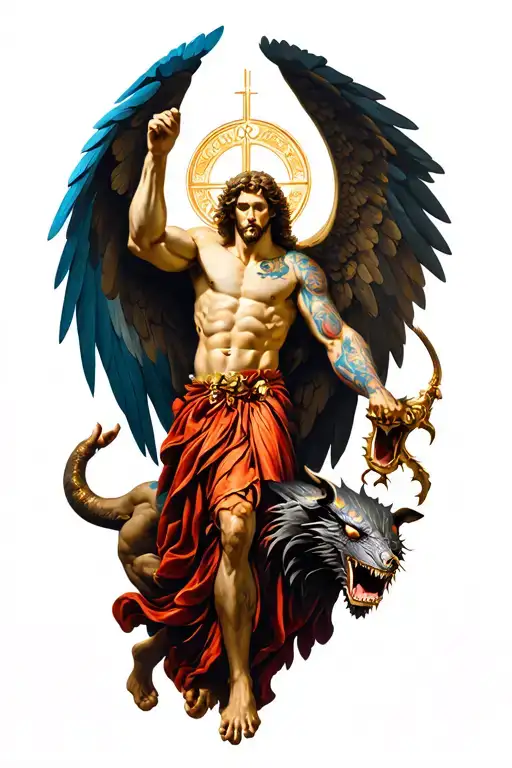 saint Micheal fighting demons tattoo design idea