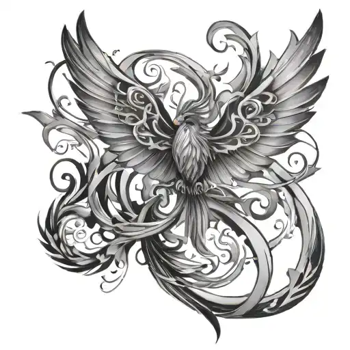 A combination of a butterfly and a phoenix intertwined, representing transformation and rebirth, in a black-grey style tattoo design idea