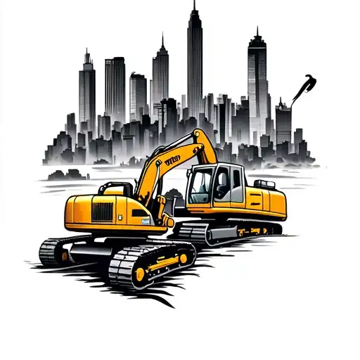 A sleeve tattoo depicting a city skyline with construction machines like excavators and tractors in the foreground tattoo design idea