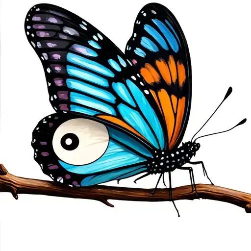a butterfly, seen from the side, sitting on a twig, with a yin yang symbol on its top wing. tattoo design idea