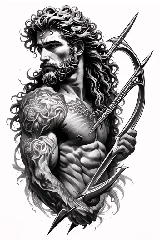 Full sleeve tattoo realistic B&G. Upper arm: Poseidon face looking away, and part of torso. Harpoon crosses half of his  tattoo design idea