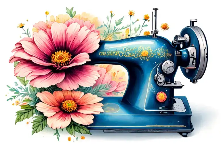 sewing machine with cosmos flower tattoo design idea