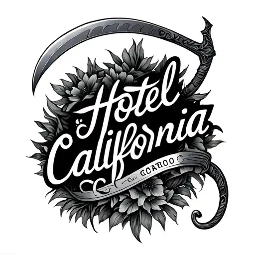 A lower back tattoo with a scythe and words Hotel California tattoo design idea