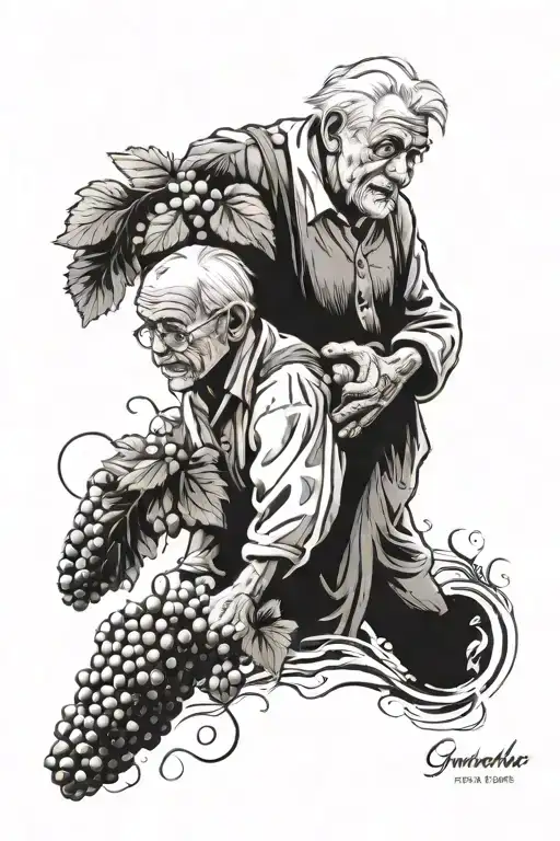 grandfather memorial tattoo. walking away with his grandson under grapes  tattoo design idea