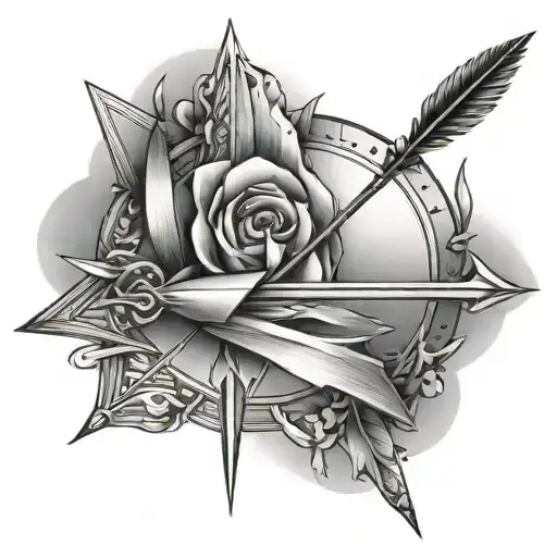 bow wirh 3 arrows pointing towards different directions tattoo design idea