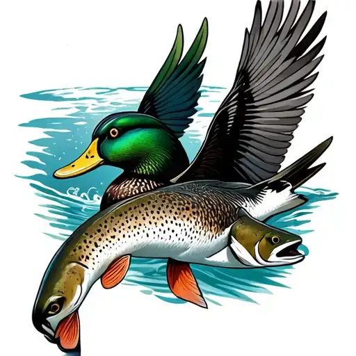 mallard duck diving underwater facing off a trout fish tattoo design idea
