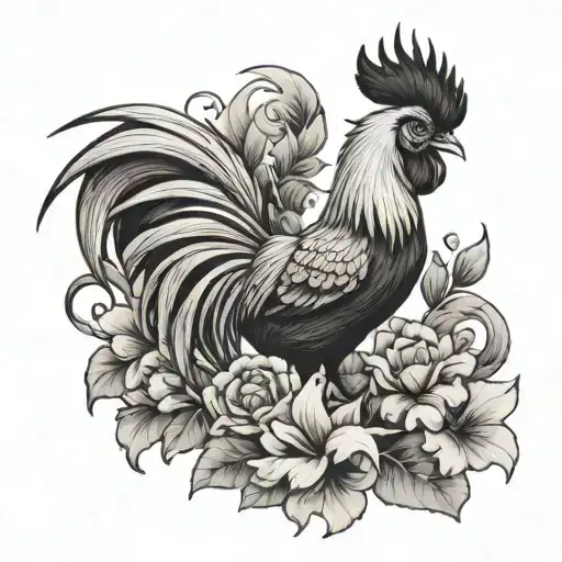 Fighting rooster with flowers tattoo design idea