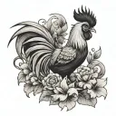Fighting rooster with flowers tattoo design idea