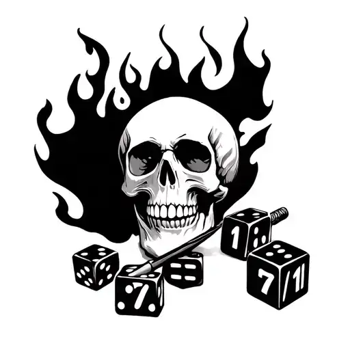 Skull with a blunt with fire and rolling dice with the number 7 11 tattoo design idea