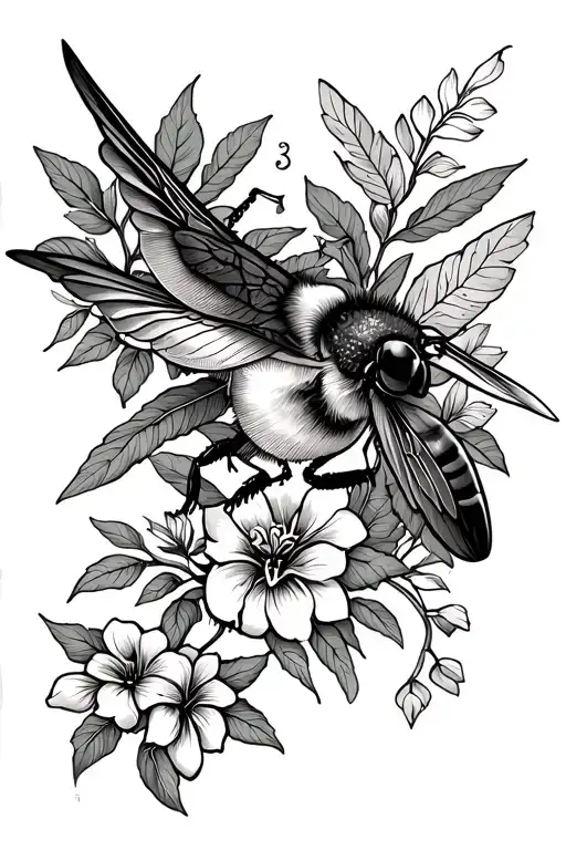 A fine line tattoo design with a bee, a colibri and nature tattoo design idea