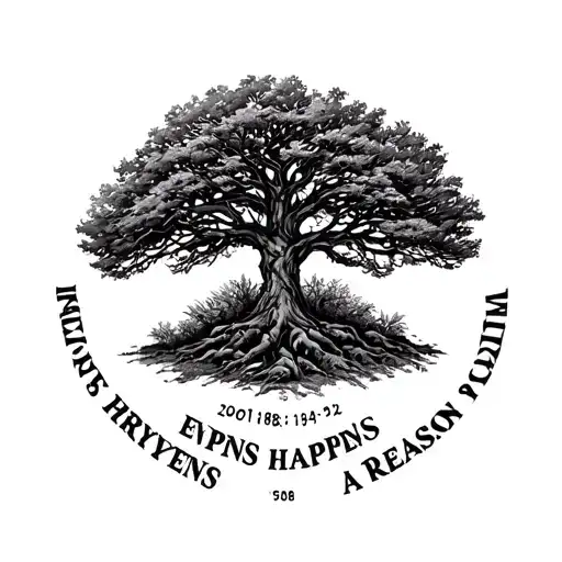 a tree that says everything happens for a reason with the dates 2001 1982 1980 2014 2005 2008 tattoo design idea