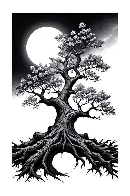 Nordic Willow tree with waning crescent moon and light symbol for grounding and connection  tattoo design idea