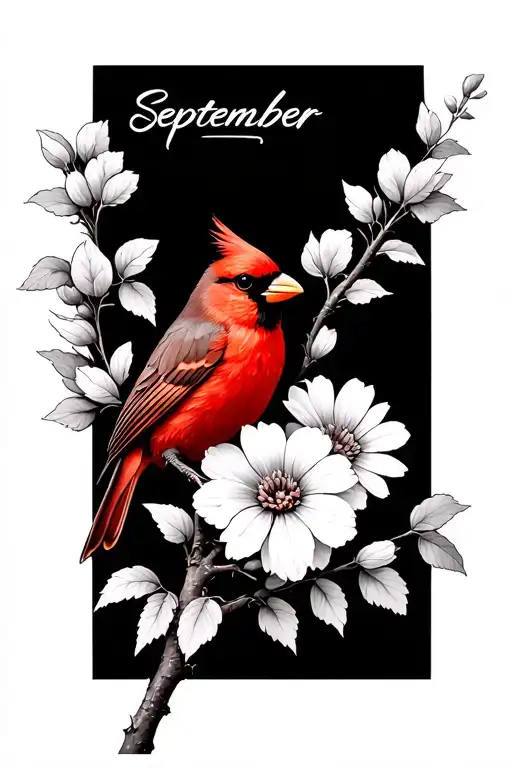 Red cardinal perched on a branch of Aster/Morning Glory ]             ↓       [ “September” in script ]             ↓ tattoo design idea