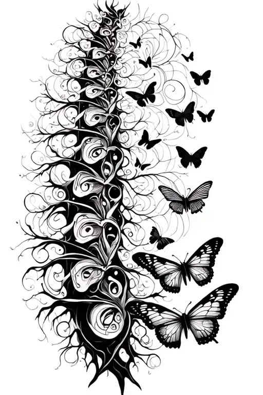 Geographic black and white tattoo to go on spine. Family tree, butterflies. Gothic style tattoo design idea