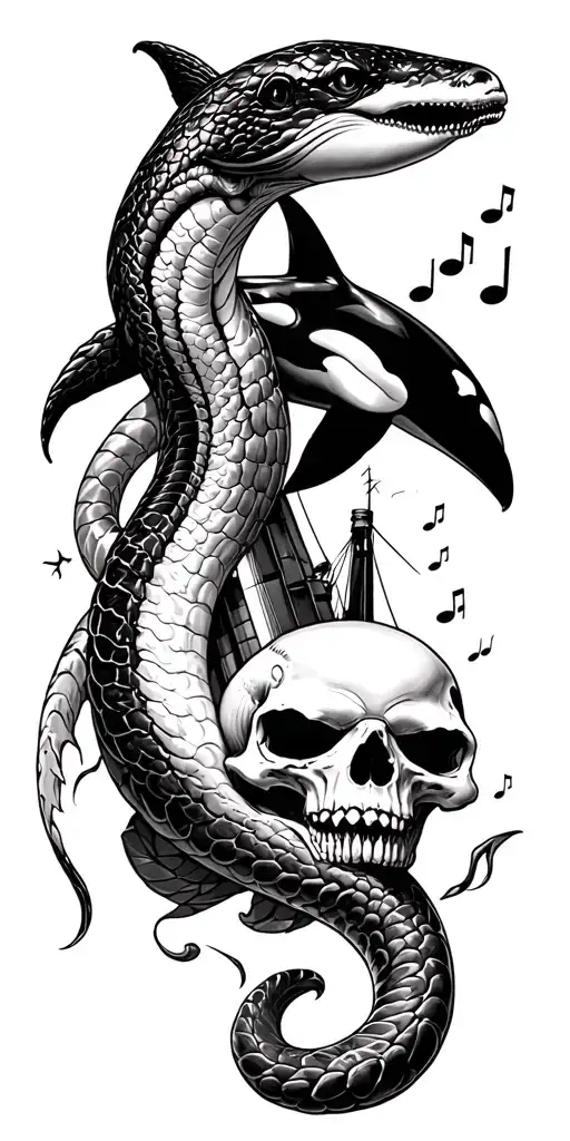 anaconda, whale, skull, storm ship vs orca, guitar/music, dumbbell, camping, alcohol, chocolate, Ru, 23.10.2019. tattoo design idea