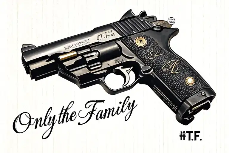  the O.T.F "only the family" tattoo with a F&N  pistol with extended clip making theT in the OTF tattoo design featuring tattoo design idea