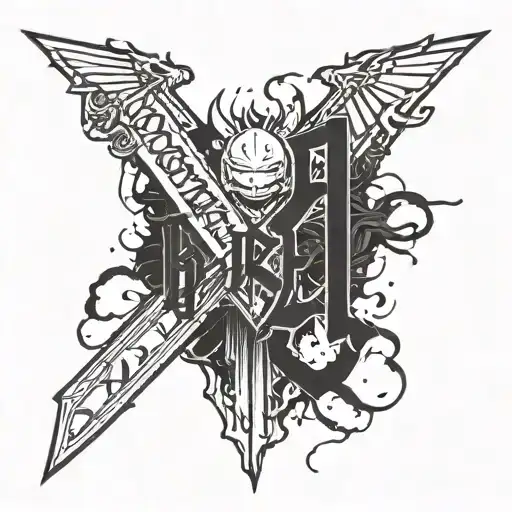berserk brand of sacrifice with dripping ink and under it words that say empty and present in japanese  tattoo design idea