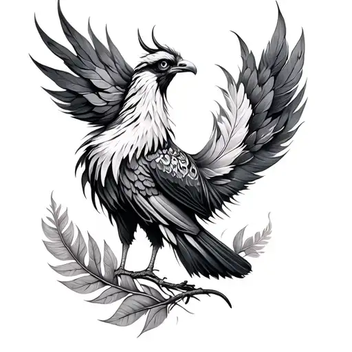 pheonix and engraved leaf feathers tattoo design idea
