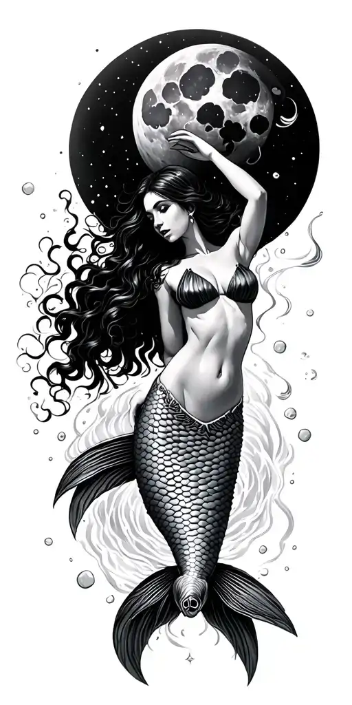 sexy mermaid swimming, sea turtle, moon tattoo design idea