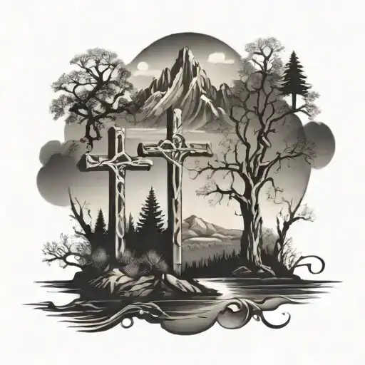 3 crosses with trees a river and mountains in the backgrounds tattoo design idea