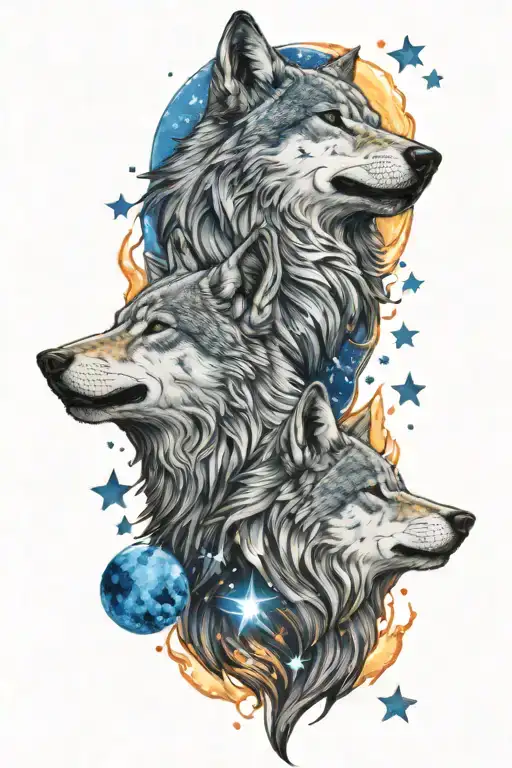 A wolf howling at the moon surrounded by blue sapphire stars with fire in background  tattoo design idea
