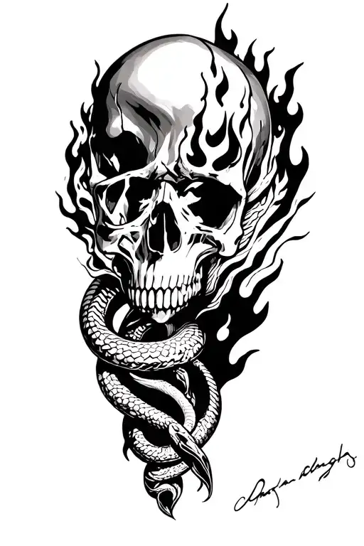 scar incorporated knee tattoo , skull design with fire snake leg sleeve  tattoo design idea