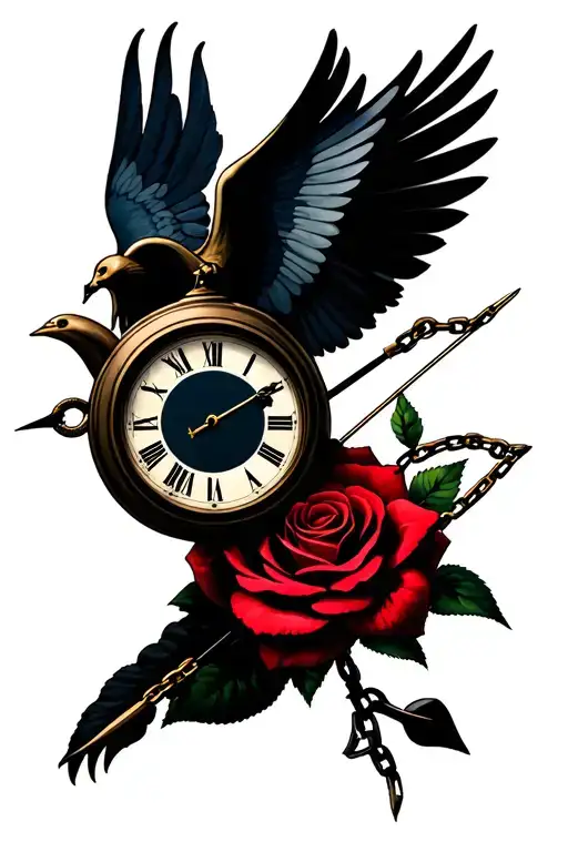 clock with a rose with a dove with a bow arrow with a motorcycle chain with a Greek god tattoo design idea