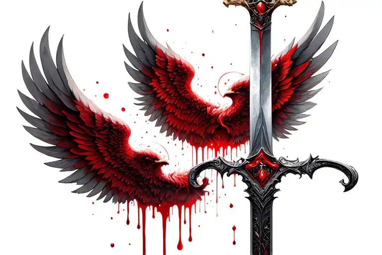 long sword dipped n blood angel wings tattoo design idea