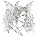 maleficent with forget me nots, tulips, marigolds, and butterflies tattoo design idea