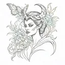 maleficent with forget me nots, tulips, marigolds, and butterflies tattoo design idea