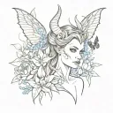 maleficent with forget me nots, tulips, marigolds, and butterflies tattoo design idea