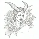 maleficent with forget me nots, tulips, marigolds, and butterflies tattoo design idea