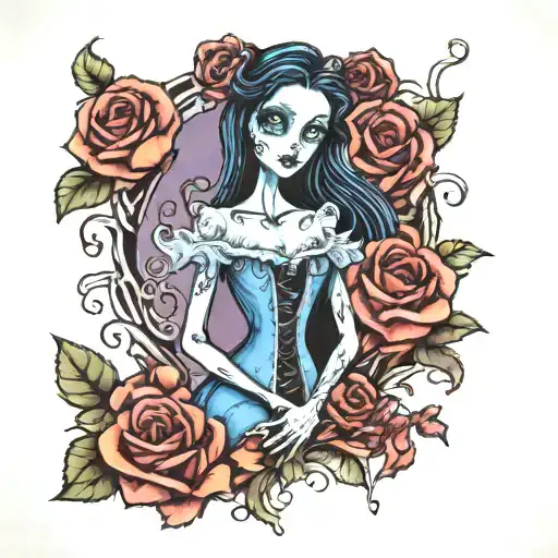 Tim Burton Corpse bride standing holding roses tattoo design idea