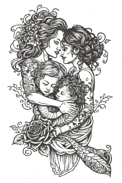 Mom and 3 daughter holding hands tattoo design idea