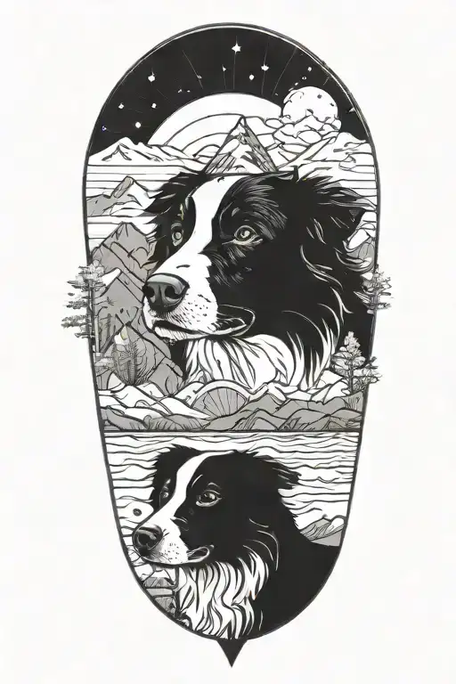 border collie face compass in mountain scene tattoo design idea