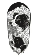 border collie face compass in mountain scene tattoo design idea