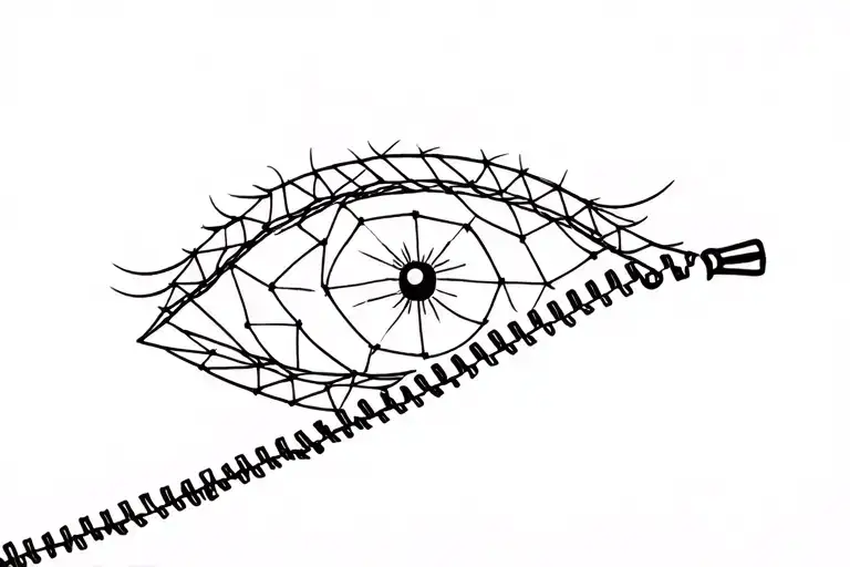 Zipper with an eye peeking through it. The eye consists only of the white of the eye, on which a polygonal mesh with dot tattoo design idea